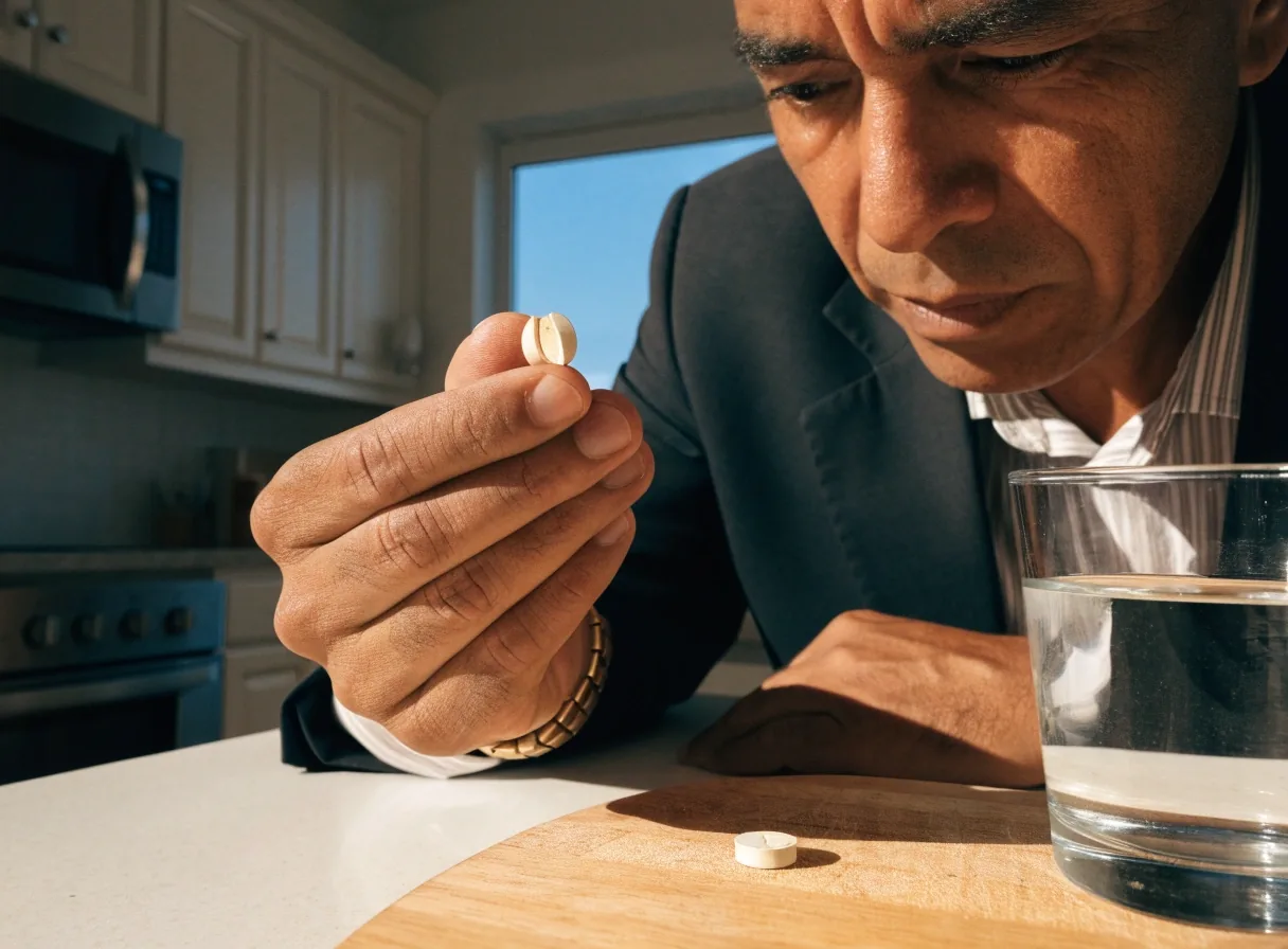 Tableta de multivitamínico partida por la mitad sobre una tabla de madera clara