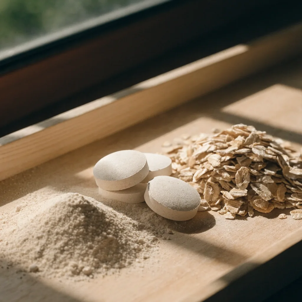 Tres pequeños recipientes de vidrio con ingredientes secos distintos sobre una mesa de madera clara