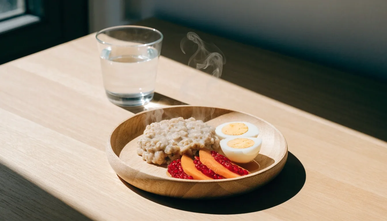 Desayuno sencillo con avena, fruta y huevo sobre una mesa de madera clara a mediodía