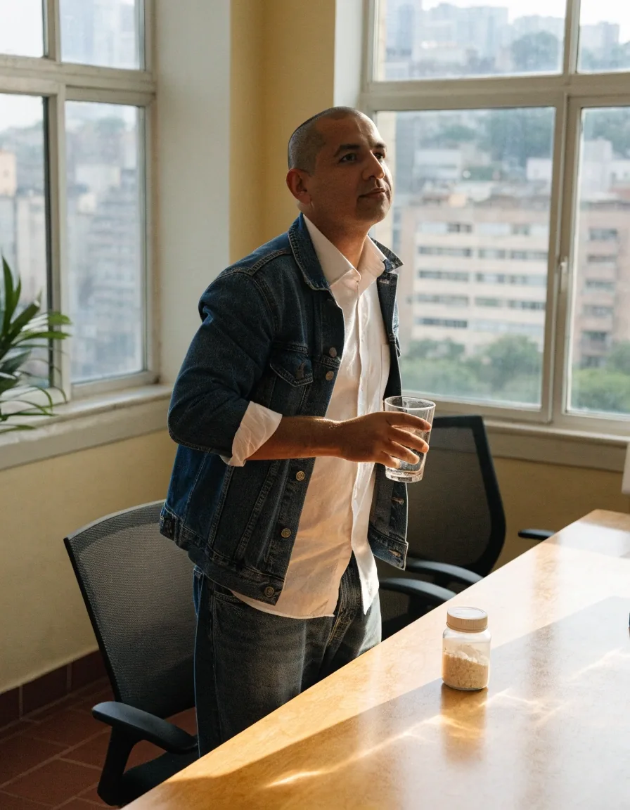 Hombre adulto en una pausa activa durante su jornada laboral, con un vaso de agua y un frasco genérico