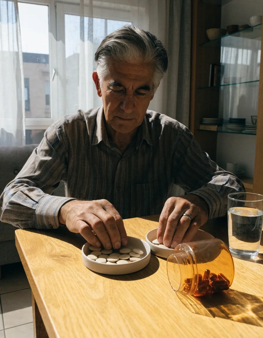 Manos contando tabletas de un frasco sin etiqueta sobre una mesa de madera clara a mediodía